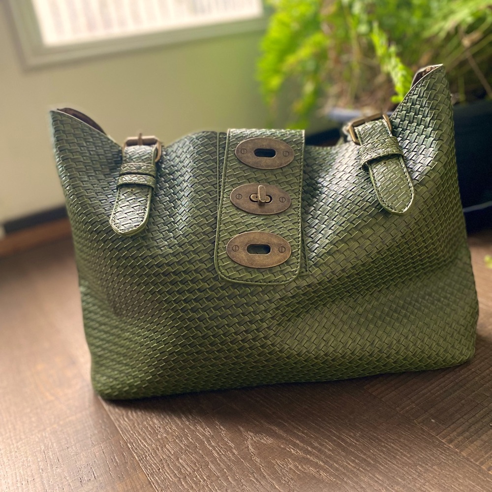 Charming Charlie Olive Green Basket Weave Hand Bag